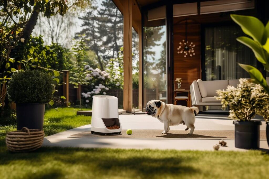A pug dog walks near a modern automatic pet feeder in a sunny garden by a stylish home.