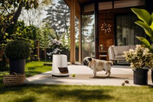 A pug dog walks near a modern automatic pet feeder in a sunny garden by a stylish home.