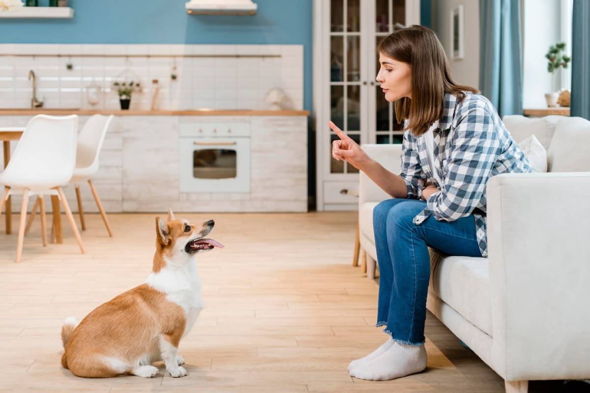 Young woman in a plaid shirt training her attentive Corgi in a bright, modern kitchen.