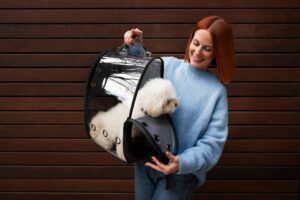 Woman in a blue sweater smiling at a white fluffy dog inside a transparent carrier, against a wooden background.