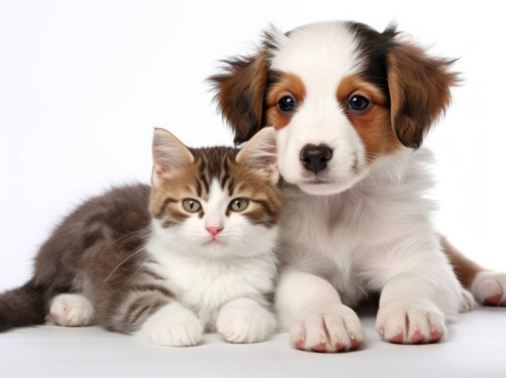 A kitten and puppy close together, looking directly at the camera against a white background.