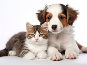 A kitten and puppy close together, looking directly at the camera against a white background.