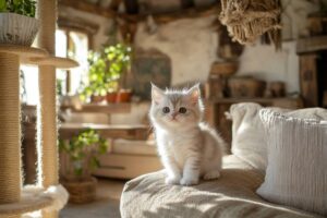 Fluffy white kitten sits alert on a cushion in a rustic sunlit room filled with plants and vintage decor.