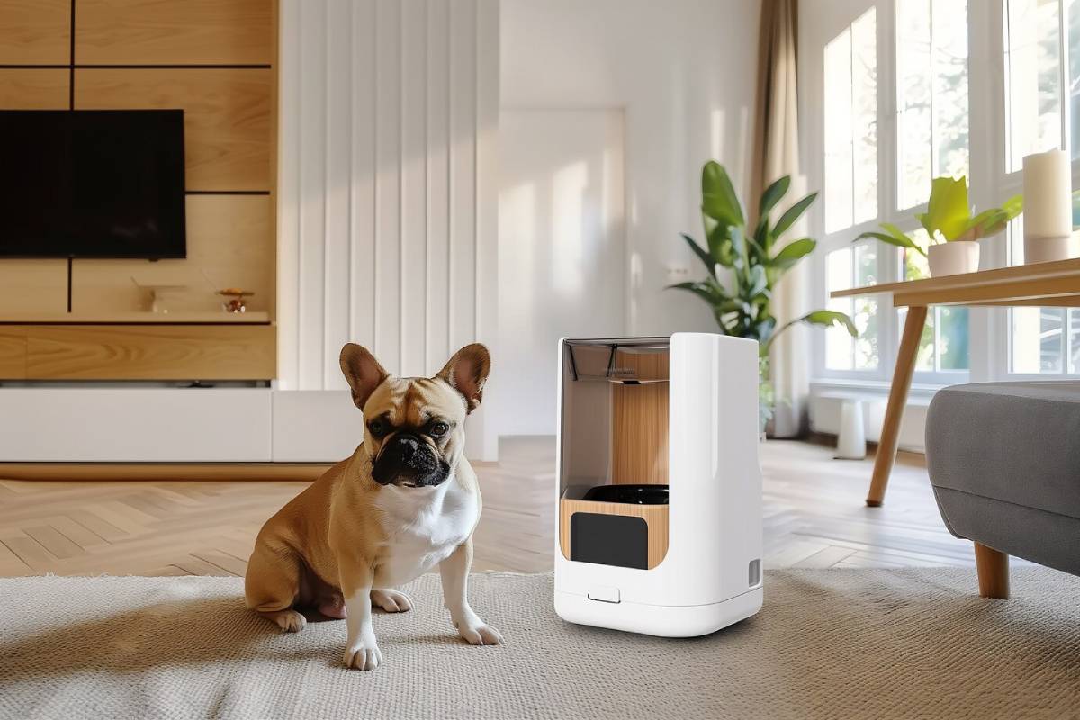 A French bulldog sitting next to a modern air purifier in a stylish living room.