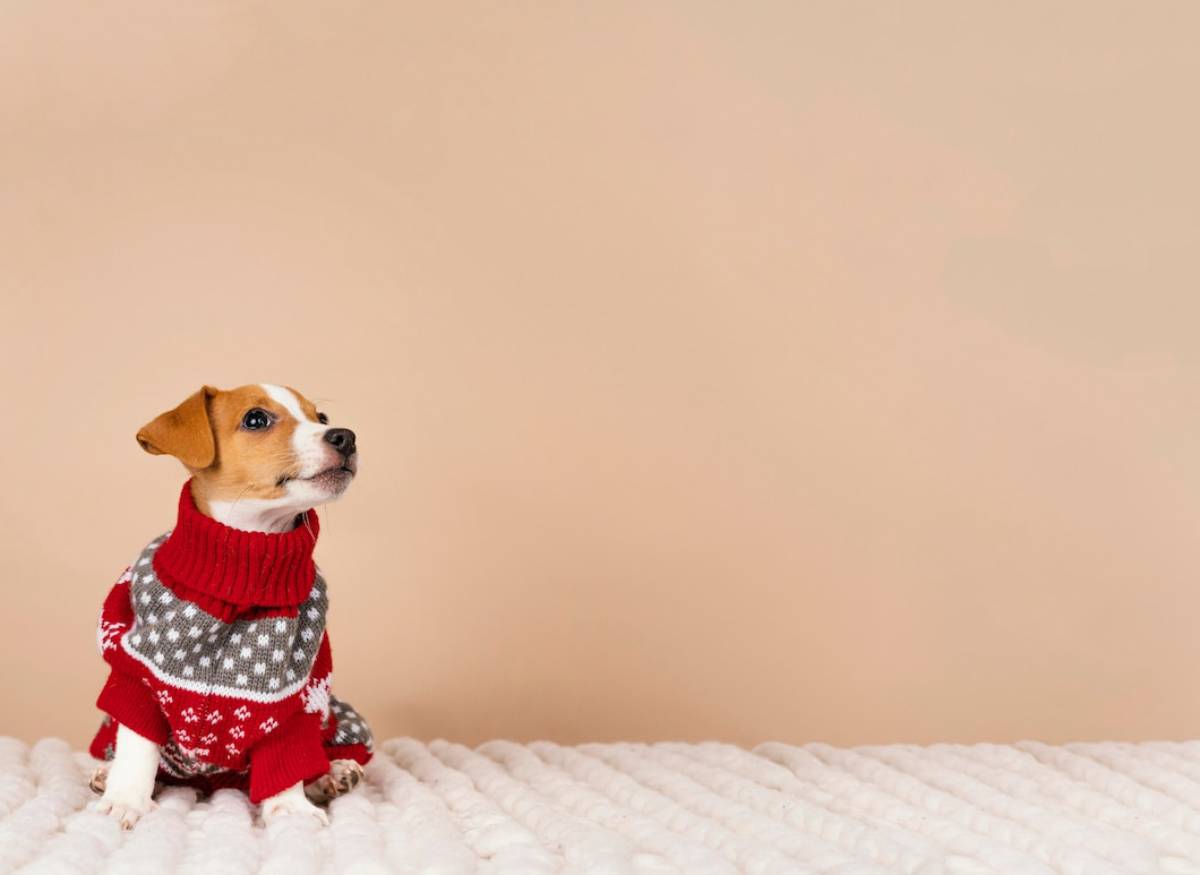 A Jack Russell terrier wearing a festive sweater, seated on a white blanket against a beige background. 