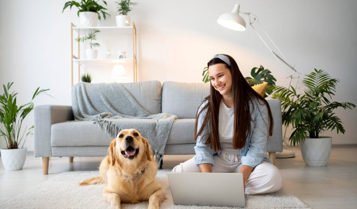 Young woman and golden retriever sitting on living room floor, using laptop, surrounded by plants and cosy furniture.