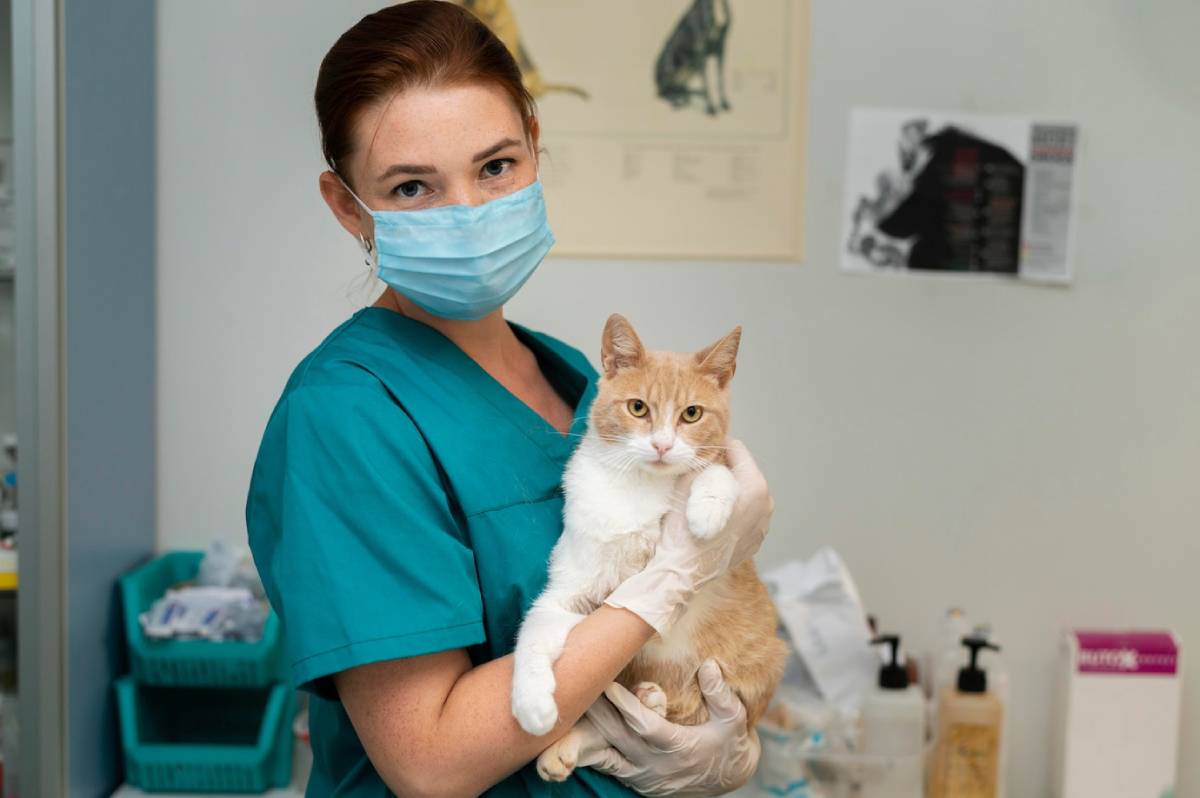 A veterinarian in scrubs and mask holding a ginger and white cat in a clinic.