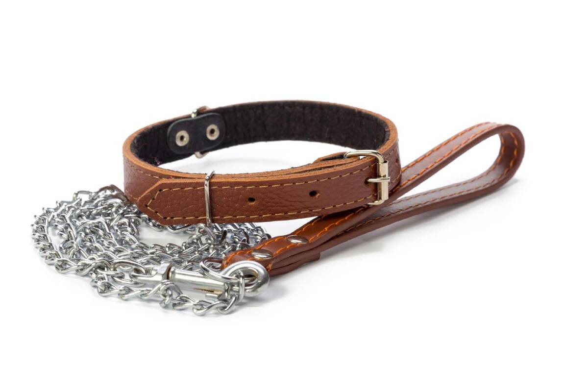  A brown leather dog collar and leash with a silver chain on a white background.