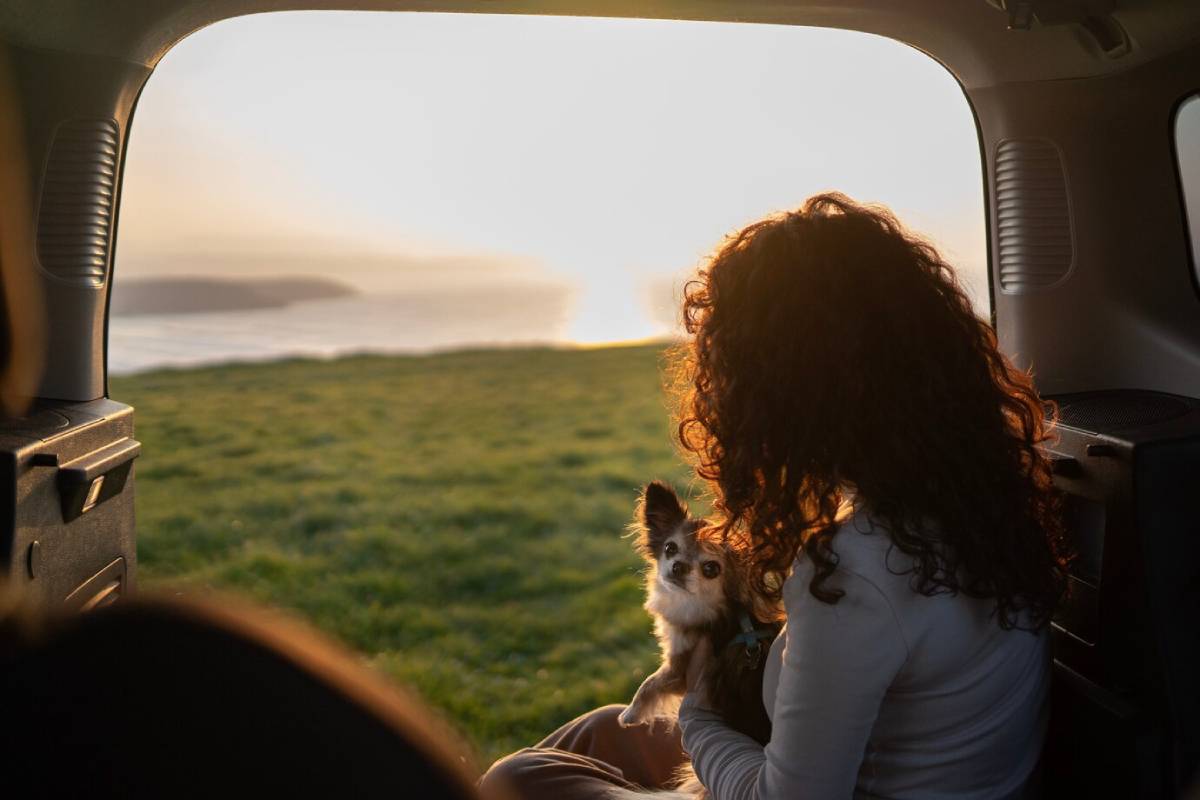 Woman with curly hair and small dog sitting inside a van, looking at a sunset over a grassy field and distant coastline.