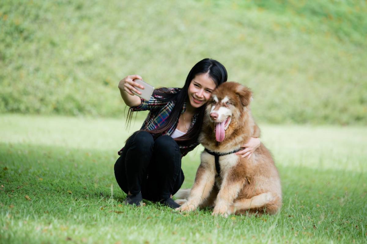 A woman takes a selfie with her fluffy, brown dog in a green park. 