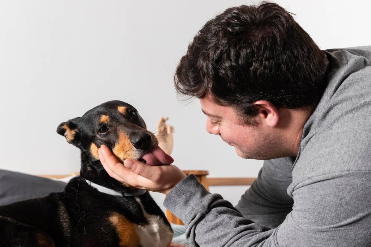  Man smiling at a black and tan dog he is gently holding by the face, against a neutral background.