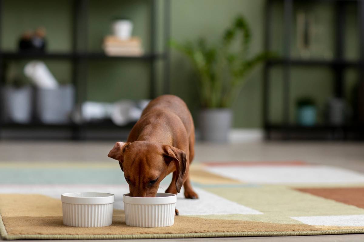 A brown dog eating from two white bowls on a colorful rug in a modern kitchen.