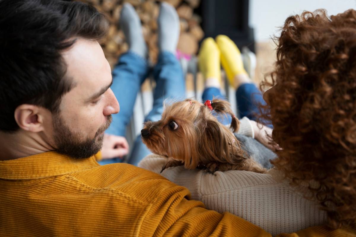 A man and a woman relax on a sofa with a small dog looking at the man.
