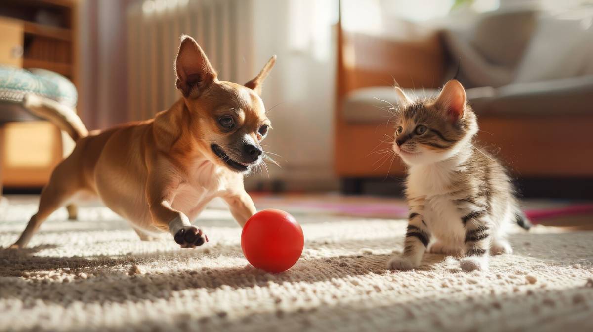 A playful Chihuahua and a curious kitten with a red ball on a sunny living room carpet.