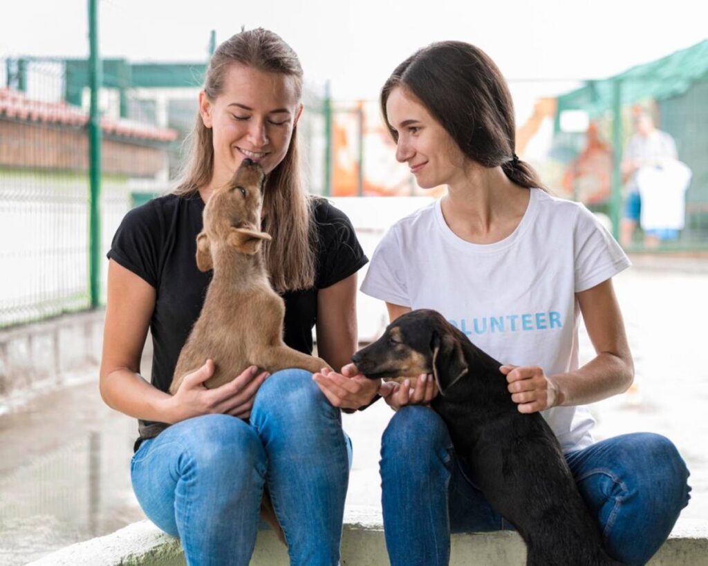 Two young female volunteers at an animal shelter joyfully interacting with a playful goat and a calm puppy.